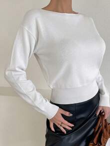 DAZY Solid Color Off-Shoulder Short Sleeve Fitted Knit Top For Women - White - View 6