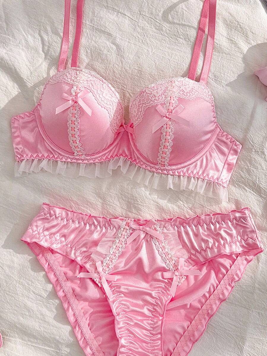 PetitDoll Women's Sweet & Sexy Bow Decor Lace Patchwork Bra And Panty Set - Pink - View 1