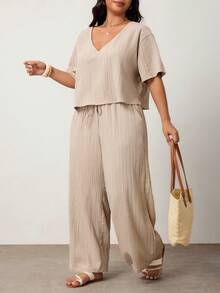 Enliva Plus Size Casual Textured Short Sleeve Top And Pants 2 Pieces Set, Suitable For Daily Wear And Vacation - Khaki - View 6
