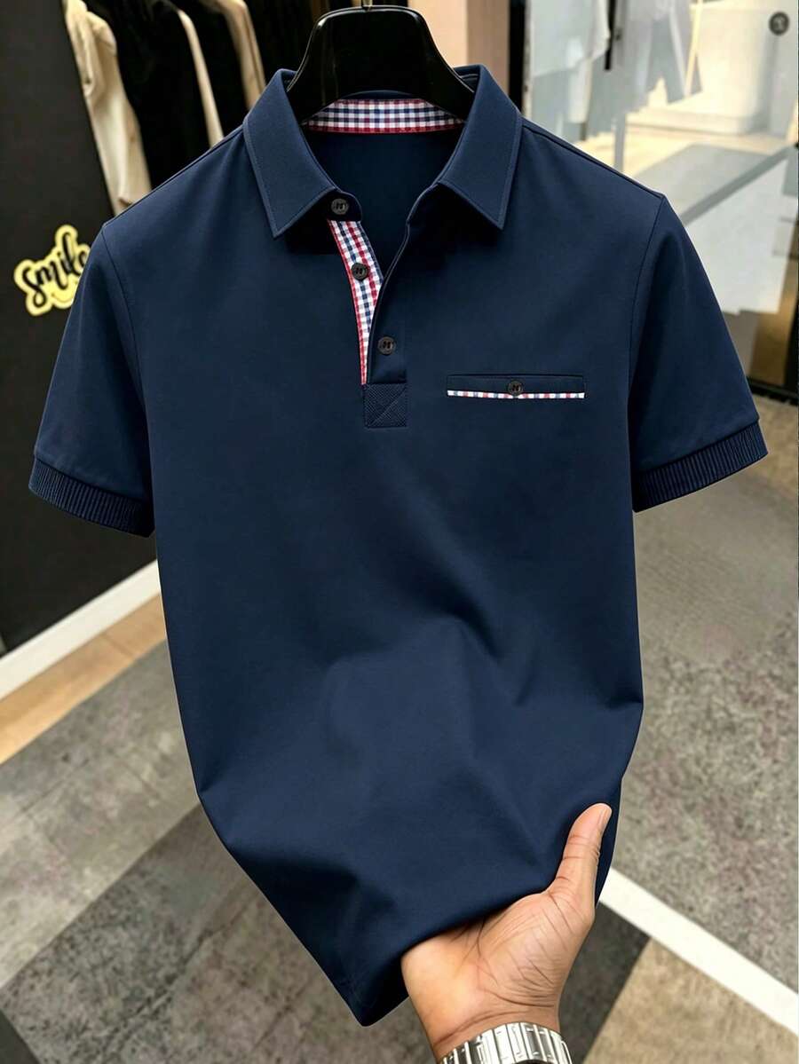 Manfinity Homme 男士格紋拼接配色 Polo 衫,附前後口袋,適合送給男友、男士,朋友穿搭 T 恤領 Polo 衫,正式風格 - 藏蓝色 - View 1
