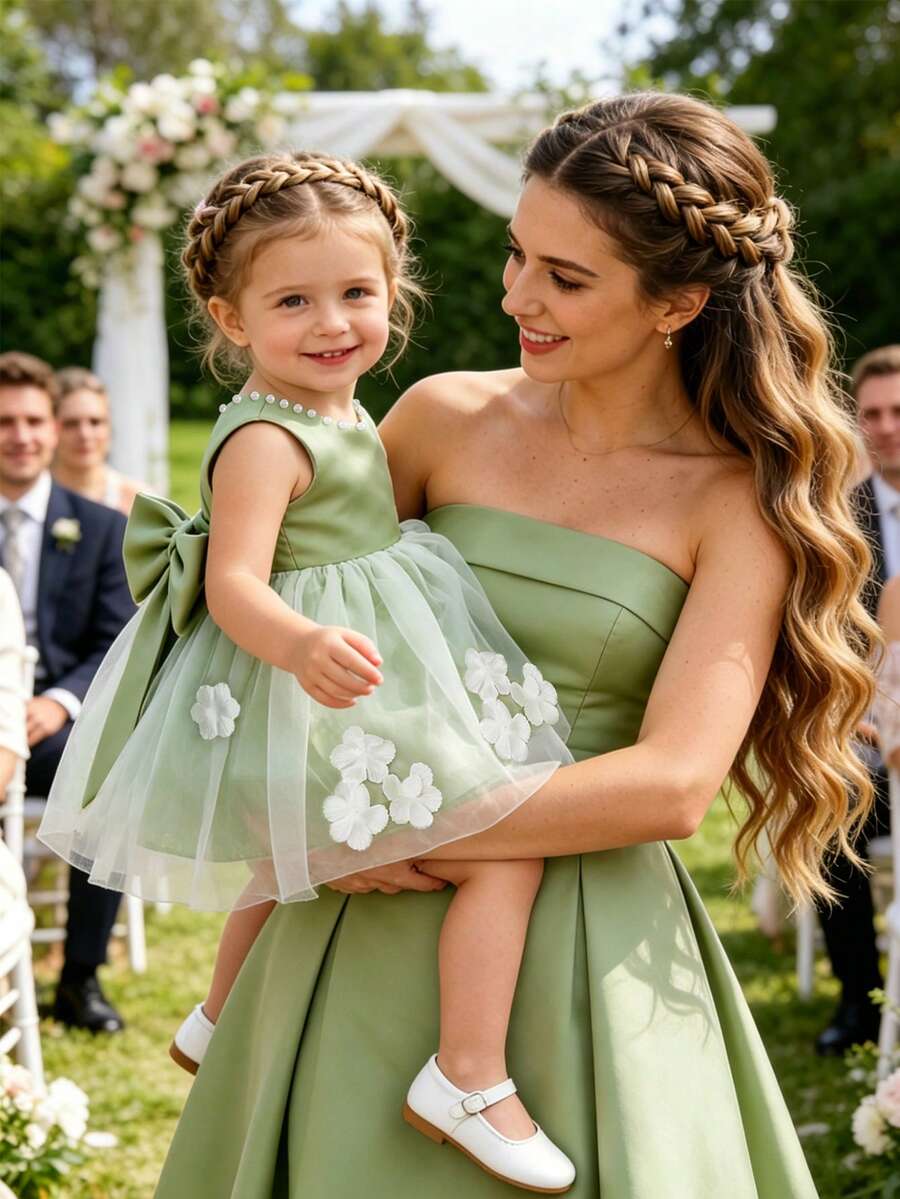 Glamorique Kids Vestido verde de cetim sem mangas para bebês meninas com decoração floral 3D, bordados feitos à mão com miçangas, laço nas costas, ideal para daminhas de honra em aniversários, casamentos e festas.