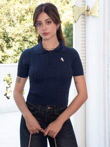 Ananda Vibes Women's Casual Everyday Embroidered Star Navy Blue Short Sleeve Twist Knit Top Fall Tops,Tops For School Summer - Royal Blue - View 3