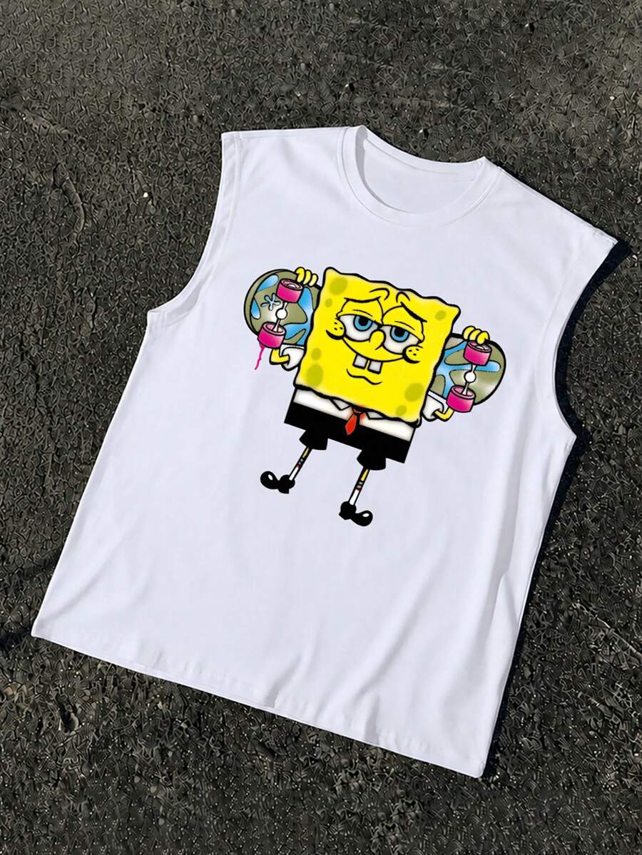 SpongeBob SquarePants | SHEIN Manfinity EMRG Áo ba lỗ nam mùa hè phong cách thường ngày in hoạt hình vai rộng - trắng - Xem 1