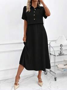 SHEIN Clasi Ny elegant 2-delad set för dam med skjorta och camisoleklänning i denimlook, lämplig för pendling och flera tillfällen - Svart - Visa 4