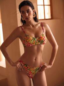 MOTF PREMIUM SUMMER MULTI-COLOR TROPICAL RAINFOREST PALM TREE FLORAL ANIMAL TEXTURE PRINT BEACH VACATION BIKINI SET - Multicolor - View 4