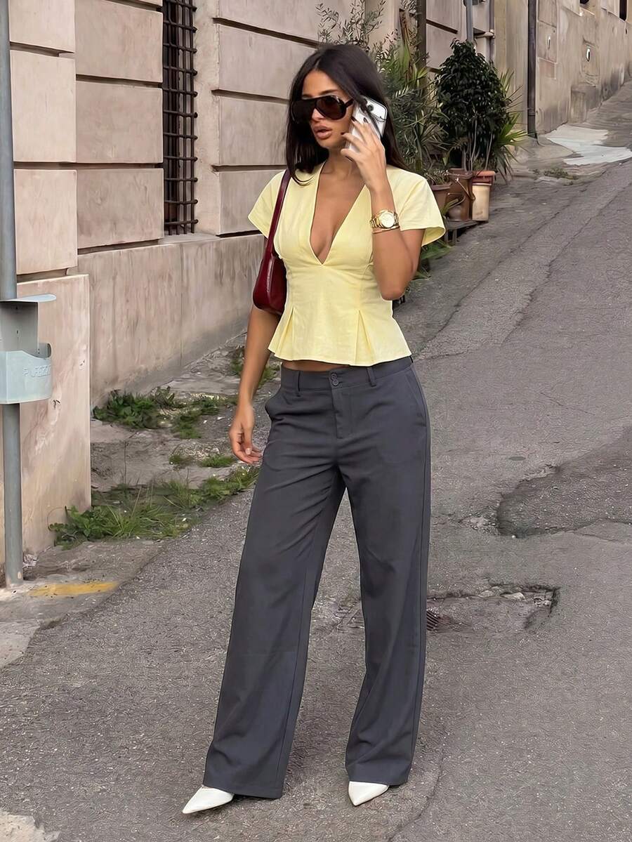 Ronhire Blusa da donna con scollo a V profondo, maniche a pipistrello e orlo plissettato, colore unito e sexy - Giallo - Visualizzare 1