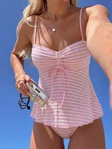 Swim Mod Đồ bơi hai mảnh dáng ôm hở lưng họa tiết sọc dây quai mảnh phong cách Summer New Vibes, áo crop top viền bèo và quần tam giác, bikini nâng đỡ cho ngực nhỏ, phù hợp đi biển, nghỉ dưỡng, tiệc hồ bơi, tiệc sinh nhật, tankini sọc hồng trắng - Hồng - Xem 10