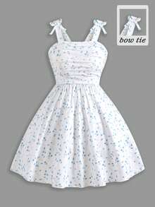 Elladie kids Đầm dệt kim không tay họa tiết hoa nhí mùa xuân/hè mới dành cho bé gái, điểm nhấn là nơ trang trí, kiểu dáng thoải mái, thanh lịch, phù hợp mặc hàng ngày, đi học, đi nghỉ mát, đi biển, dự tiệc. - trắng - Xem 3