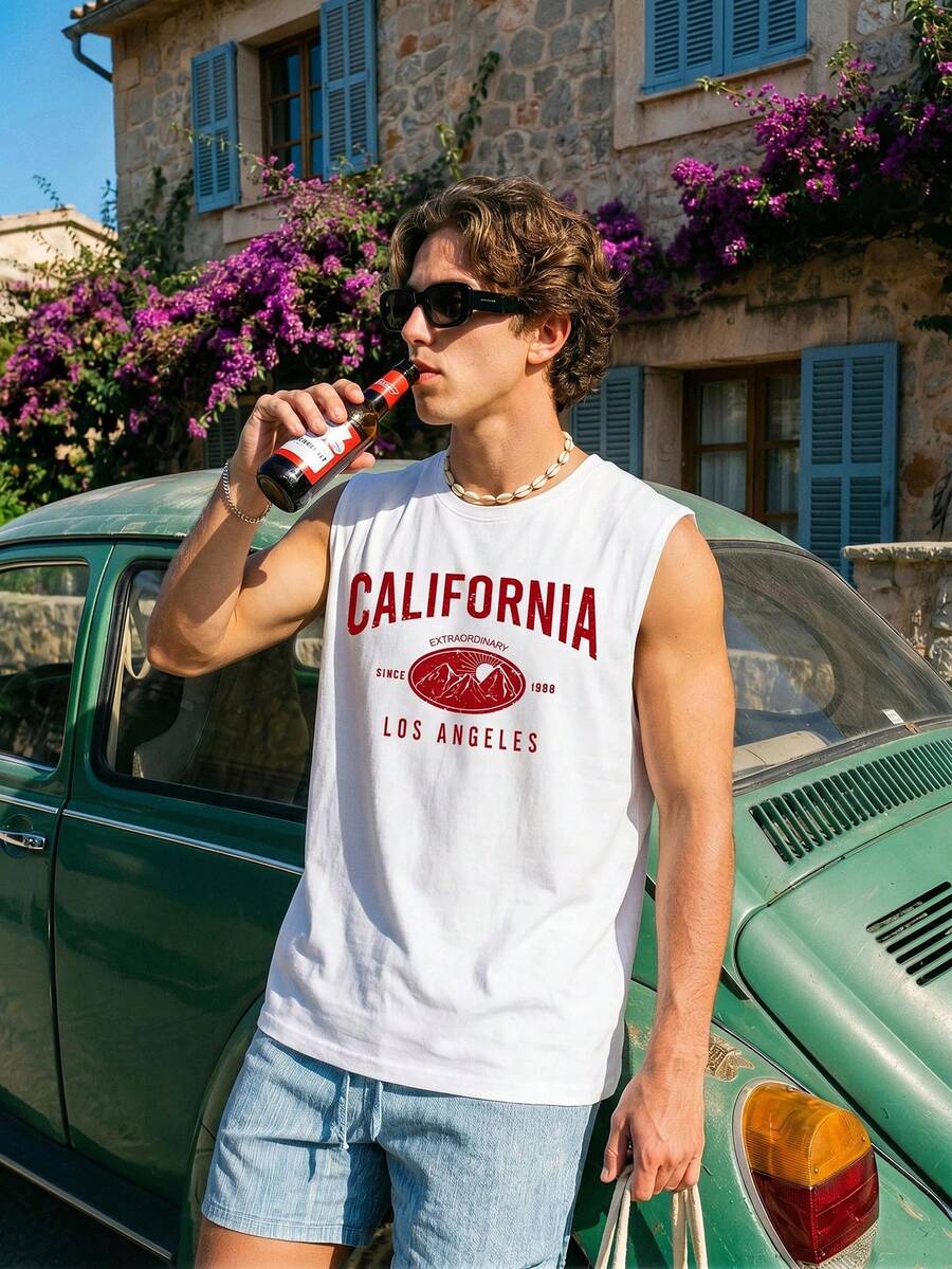 Manfinity Chillmode Camiseta de tirantes casual con gráfico de letras para hombre, talla estándar, color blanco - Blanco - Ver 1