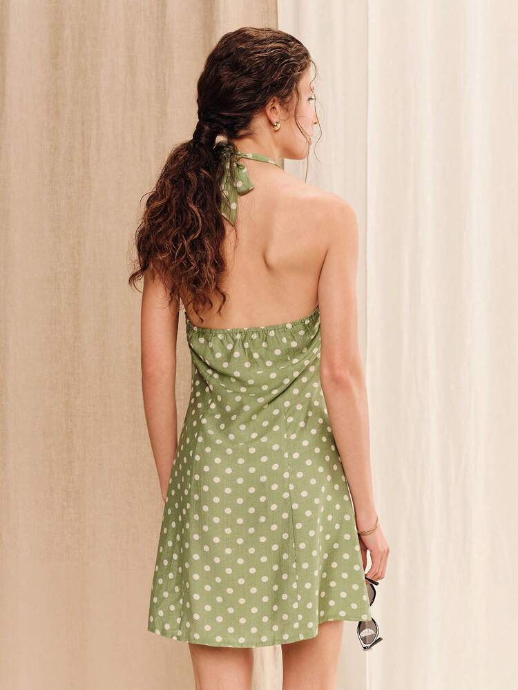 Green Polkadot Mini Dress Loose Fit Halter Neck Summer Summer Holiday Casual Vintage Chic Dress