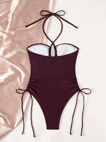 Bonvoyette Baju Renang Terusan Tanpa Punggung Model Halter Berongga dengan Hiasan Lingkaran Ungu Mengkilap untuk Wanita, Cocok untuk Liburan Pantai Musim Panas - Burgundy - View 3