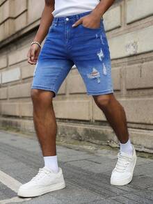 EGENSIO Quần short jean bó rách dành cho nam - Màu xanh lam - Xem 6