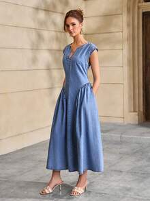 Selenza Women's V-Neck Ruched Casual Denim Dress - Blue - View 1