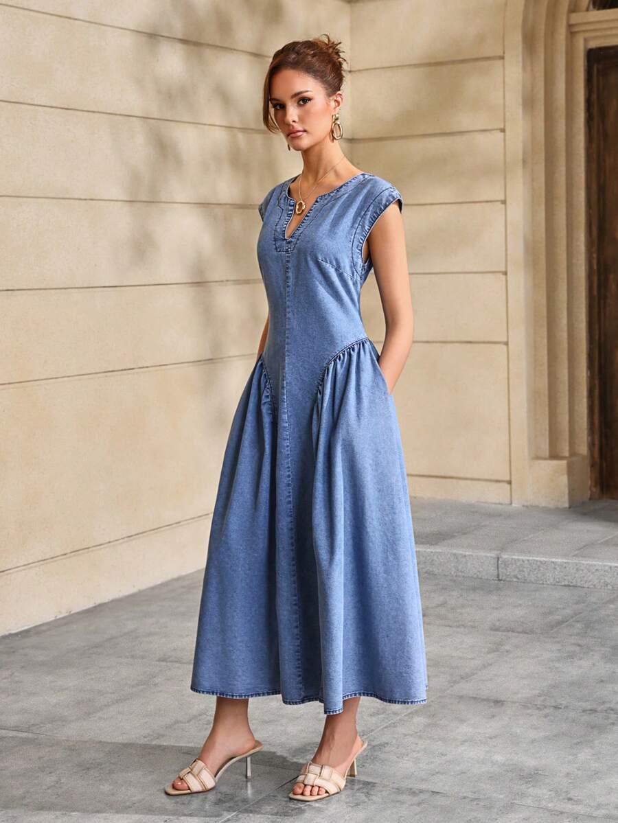 Selenza Women's V-Neck Ruched Casual Denim Dress - Blue - View 1