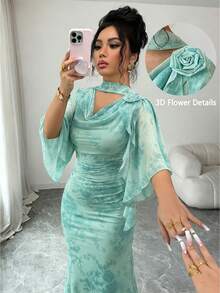 Modelyn 女款修身洋裝，綠色荷葉袖短袖流暢網紗喇叭領網印花洋裝，3D花卉圖案設計，女裝 - 綠色 - 查看 7