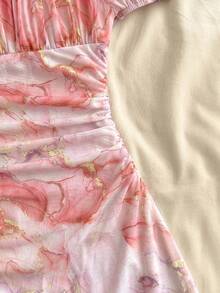 SHEIN Teen Girls Summer Casual Elegant Marble Print Dress Hot Pink Powder Marble Pattern Vacation - Multicolor - View 6