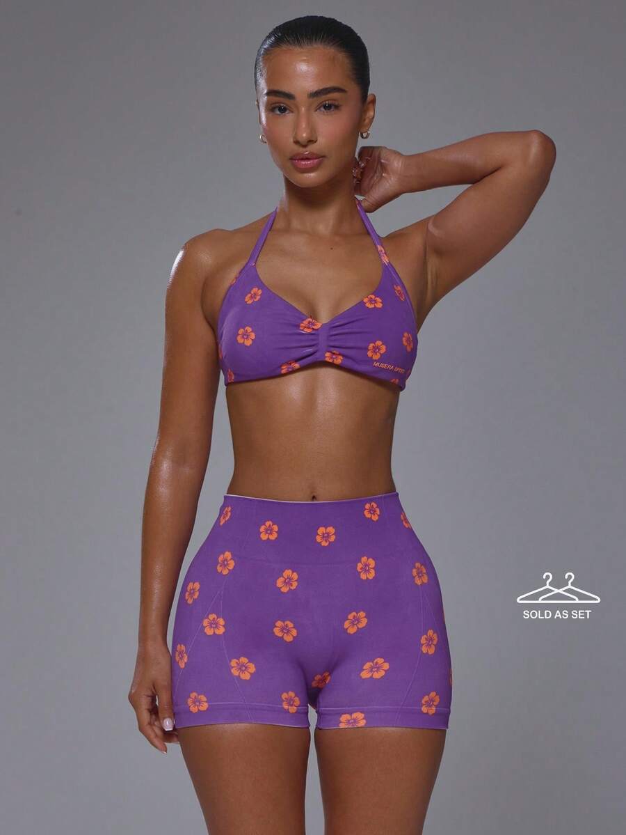 Musera Sport 熱帶花卉印花挖勺領掛脖式抓皺胸部運動內衣搭配高腰貼身運動迷你短褲套裝，適合運動、皮拉提斯、跑步，可愛少女風日常穿搭 Slowburn - 紫色 - 查看 1