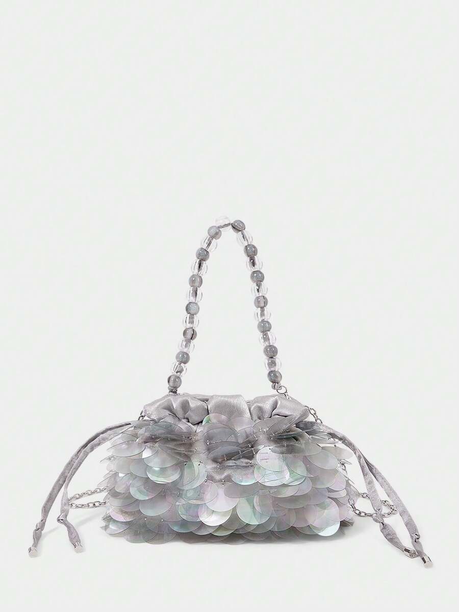 SHECARRY Bolso de mano con cordón y brillo para uso diario de moda para mujeres - Gris Claro - Ver 1