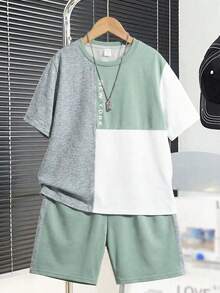 2件/組 休閒對比色圓領短袖T恤與短褲套裝，適合青少年男孩，適用於通勤、學校、日常休閒、運動、春/夏、海灘度假 - 彩色 - 查看 2