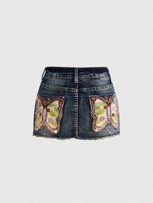 ROMWE Fairycore Jupe en jean mini taille très basse avec appliqué floral vintage, nœud et bouton décoratif pour femmes - Bleu azur - Voir 1