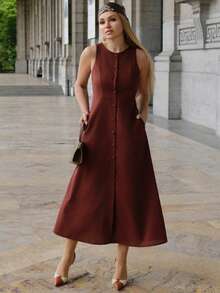 Elenary Edit Women's Round Neck, Single-Breasted, Sleeveless, Brown Dress Elegant Summer - Brown - View 5