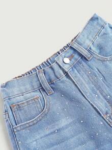 Pantalones cortos de mezclilla holgados con adornos de strass brillantes para niñas - Lavado ligero - Ver 3