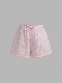 SHEIN 少女休閒時尚紋理印花三件套 襯衫+背心+短褲，100%純棉，柔軟舒適 - 粉色 - 查看 9