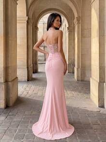 Firerie Elegant, Glamorous, And A Mermaid Skirt With Flowing Ribbons.. Party. Pink Dress For Wedding Season And Back-To-School Season - Pink - View 2