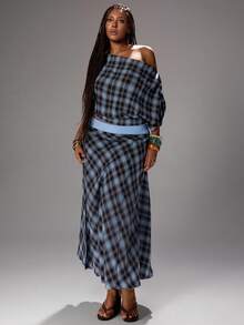 Rustia Plus Size Spring/Summer Plaid Asymmetric Neck Top And Slit Skirt 2-Piece Set - Blue - View 3