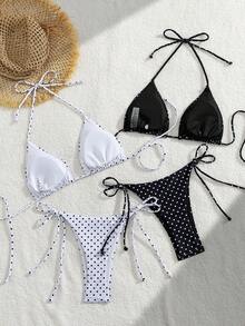 Oceva Bộ bikini 4 món họa tiết chấm bi cho nữ, đồ đi biển thường ngày mùa hè, áo tắm cổ yếm dây buộc, đồ bơi gợi cảm cho kỳ nghỉ - Đen và trắng - Xem 3
