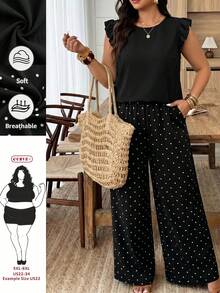 SHEIN CURVE+ 大尺碼圓點印花短袖上衣與長褲兩件套 - 白色 - 查看 3