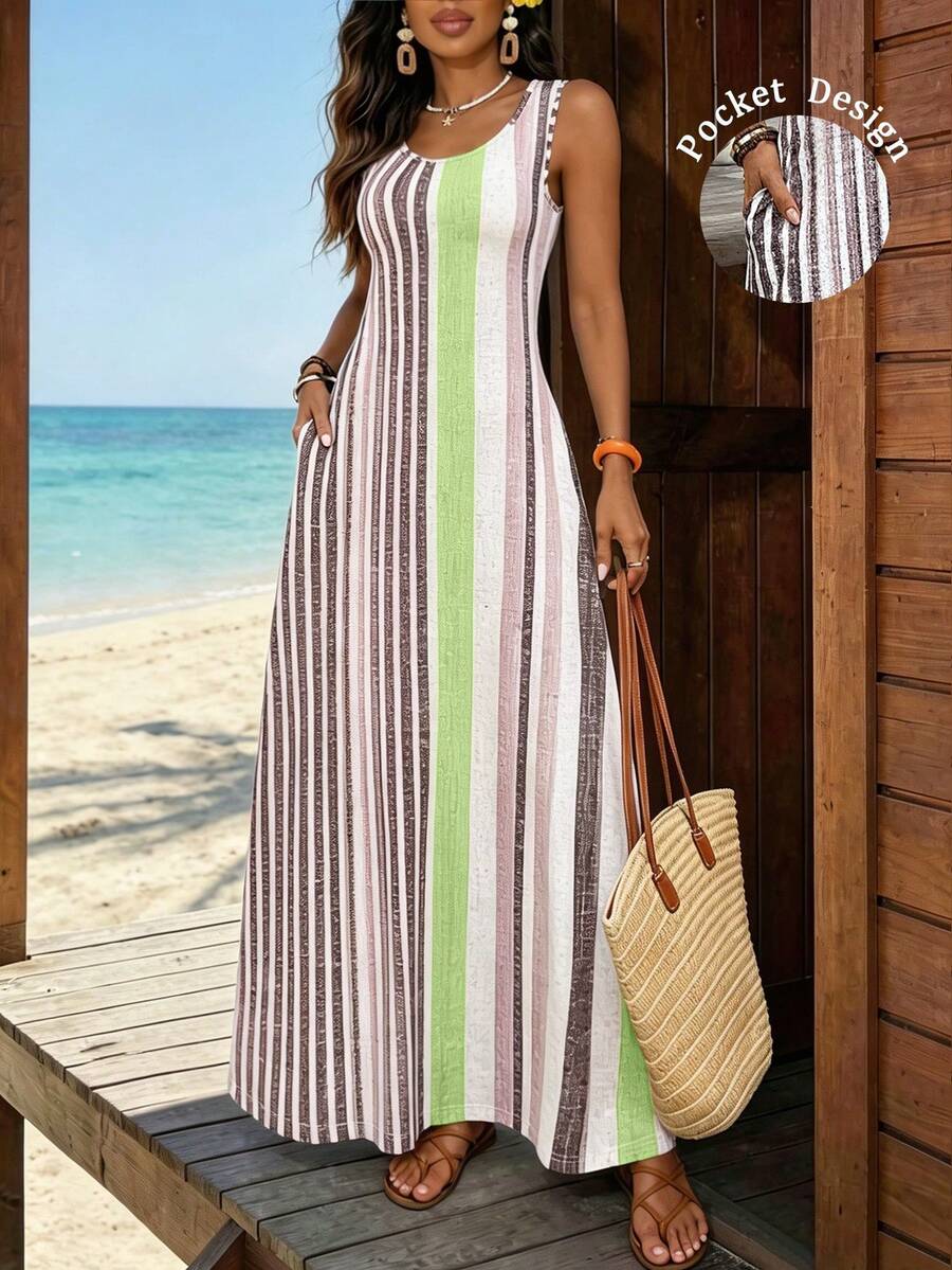 EMERY ROSE Đầm không tay kẻ sọc phối màu phong cách thường ngày dành cho nữ, thích hợp cho kỳ nghỉ. - màu xanh lá - Xem 1