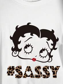 Betty Boop x SHEIN Camiseta de talla grande casual de verano con estampado de dibujos animados y leopardo en patchwork - Blanco - Ver 5
