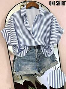 EMERY ROSE Plus Size Women Striped Batwing Short Sleeve Casual Blouse - Multicolor - View 1