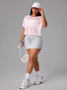 SHEIN Rhythm Era Plus Size Women's Fashion Casual Elegant Fitness Running Outdoor Semi-Sheer Loose Backless Short Sleeve Yoga Sports Top - Baby Pink - View 7