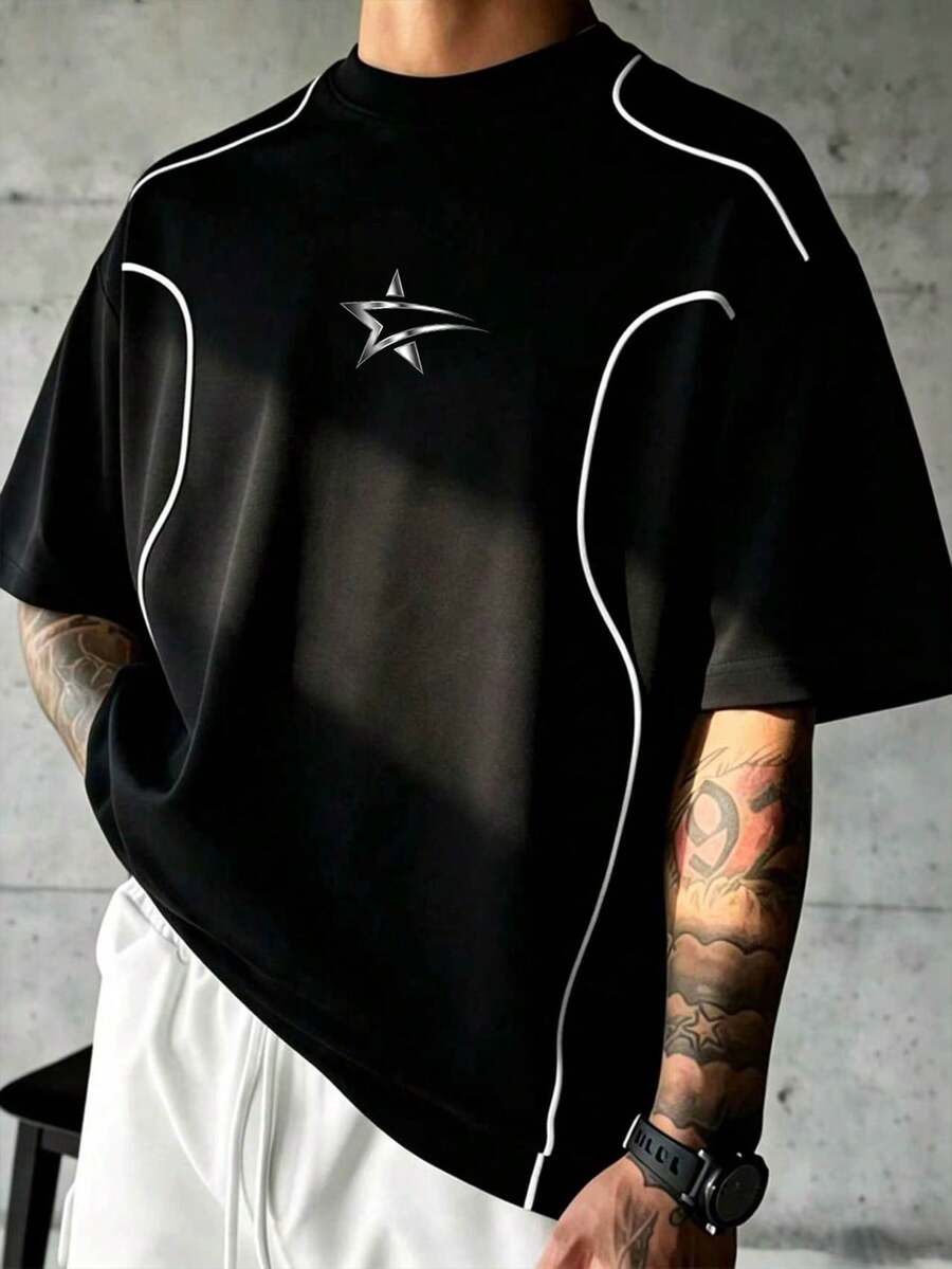 Sport MetroGents 男款五角星印花短袖休閒健身運動T恤,健身房、度假適用 - 黑色 - 查看 1