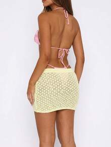 Ure Wave Saia Mini Cintura Baixa Feminina Amarelo Creme Verão Sexy Casual Y2K Férias Praia Festa Boêmio Festival de Música Ocidental Decoração de Estrela do Mar com Strass Crochê Tricô Vazado, Roupa de Festival Feminina, Roupa de Férias Feminina, Roupa para Passeio - Luz amarela - Visão 3