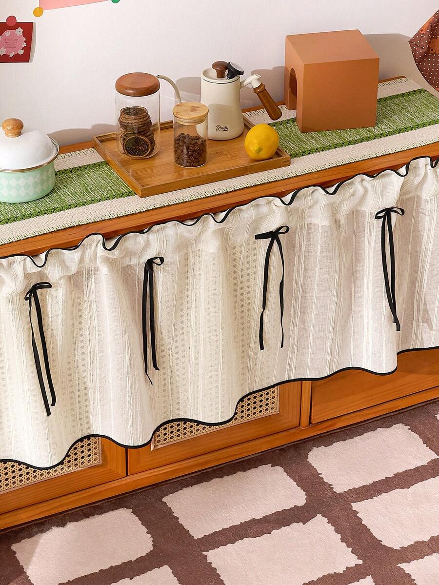 1 pieza, Panel corto de cortina decorativa con textura de lino rústico falso y lazo negro, versátil para cocina, armarios de comedor y entradas, de fácil cuidado y lavable, con filtrado de luz para decoración de estilo granja
