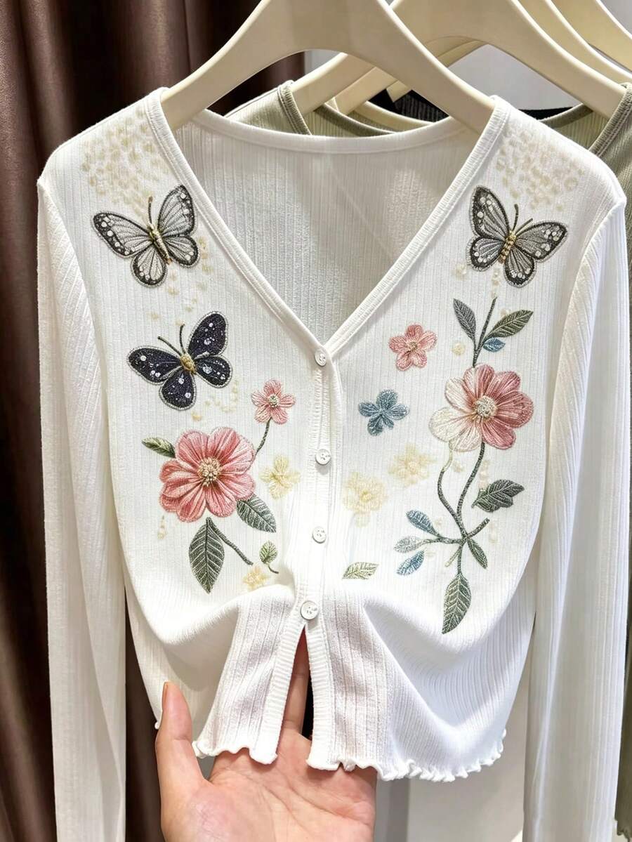 Resyla Women's V-Neck Floral Butterfly Embroidered Pattern Casual Versatile Daily Outing Cardigan - White - View 1