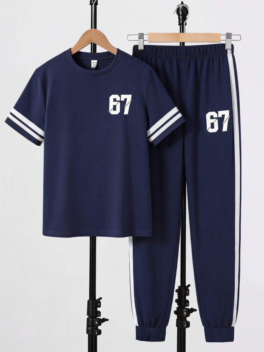 SHEIN 青少年男童春夏新品,休闲简约Y2K风格,涂鸦手绘,嘻哈、游戏、扎染、运动、街头风宽松舒适T恤和短裤,适合约会、外出、上学、聚会、派对等场合。 - 彩色 - 查看 1
