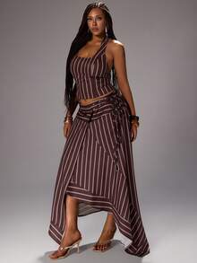 Rustia Plus Size Women Summer 2-Piece Set: Striped Halter Crop Top And Asymmetric Hem Skirt - Multicolor - View 7