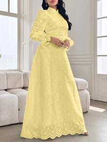 Modelyn French Style Stand Collar Lace Hollow Out Button Petal Sleeve Design Dress - Light Yellow - View 4