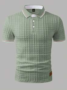 EGENSIO Men's Casual Daily/Office Commute Textured Fabric Contrast Striped Trim Short Sleeve Polo Shirt, Summer - Green - View 4