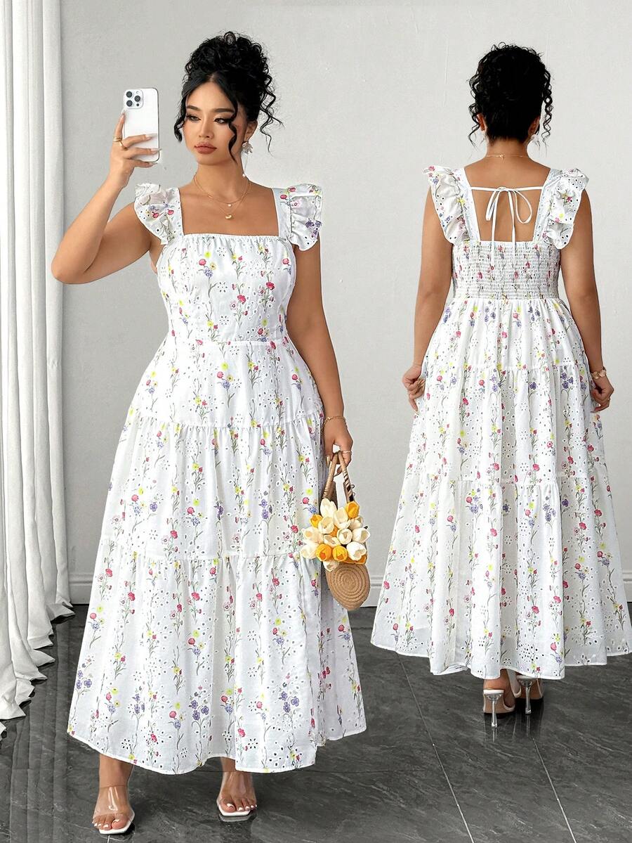 SHEIN Clasi Vestido Casual de Primavera para Saída, Chá da Tarde, Cintura Marcada, Estampa Floral Elegante, Resort Praia, Tamanhos Grandes para Mulheres - Branco - Visão 1