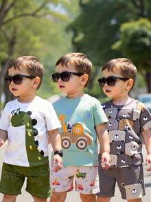 3 Stücke/Set Kleinkinder Jungen Sommer Neue Cartoon Dinosaurier/Auto/Bär Muster Outfits, süß und bequem für Alltag/Outdoor Matching Sets - Verschiedenfarbig - Übersicht 6