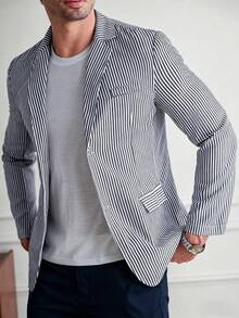 Core Aspect 白色條紋休閒西裝外套，輕量寬鬆單排扣男士商務西裝，夏季時尚禮儀正式款 - 彩色 - 查看 5
