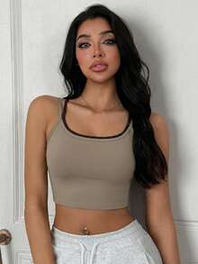 DAZY Contrast Color Straps Cropped Sports Bra With Light Padding For Women - Khaki - View 4