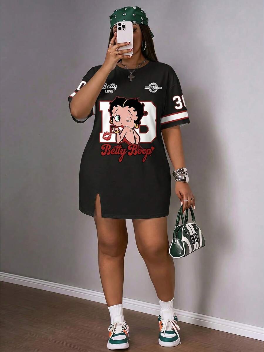 Slaydiva Betty Boop x SHEIN Plus Size Women Letter Print Round Neck Short Sleeve Casual Dress - Multicolor - View 1