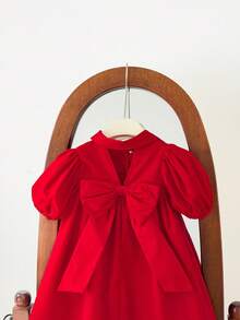 SHEIN LMoss Kids 女婴可爱短袖翻领连衣裙，夏季 - 紅色 - 查看 7