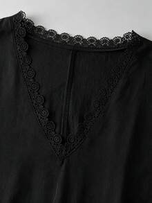 SHEIN LUNE 女款棉麻荷葉邊拼接短袖洋裝 - 黑色 - 查看 4